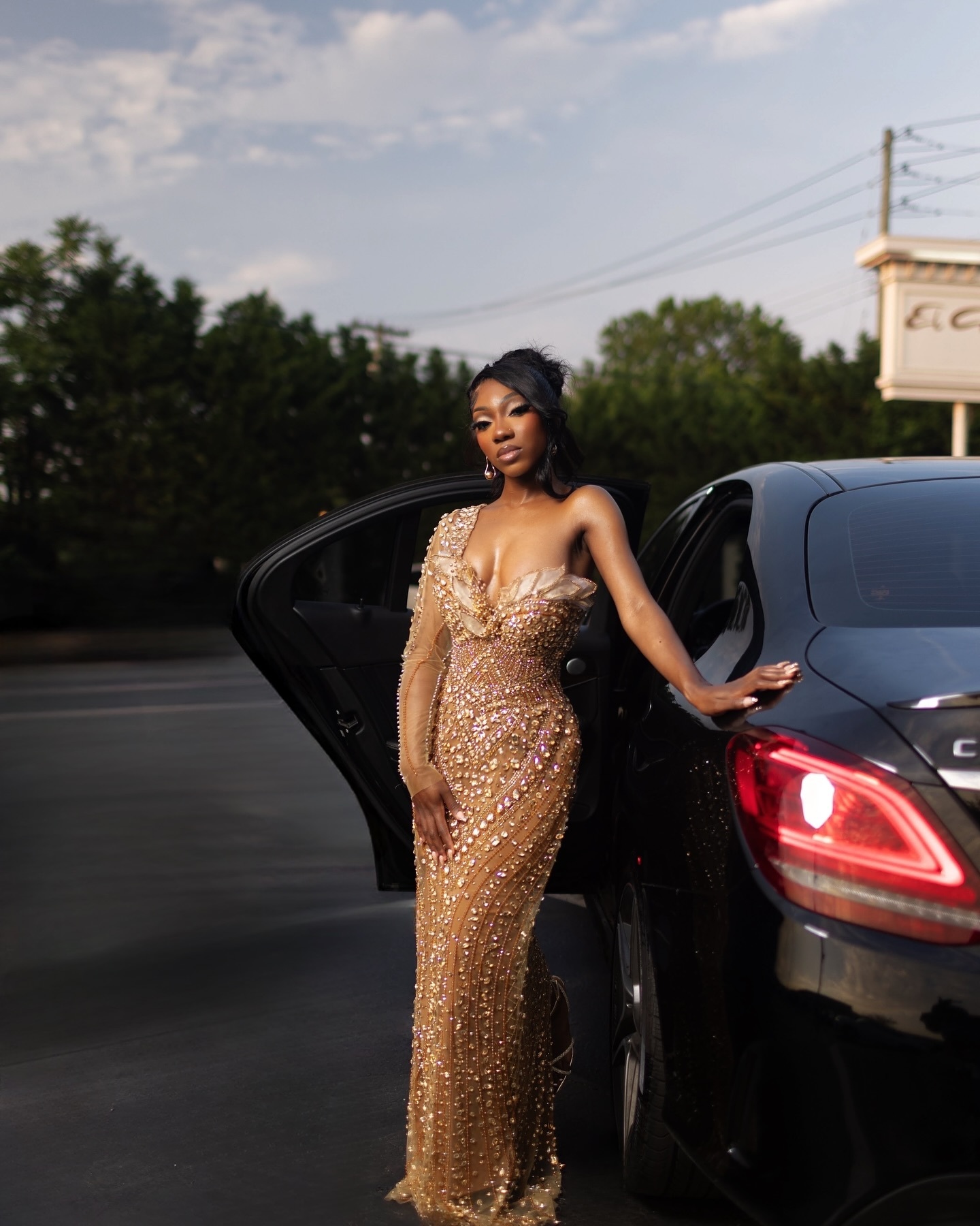 2026 Golden Hour Beaded Prom Dress – Opulent Nude Gold Sequin Gown | Asymmetrical Long Sleeve & One Shoulder