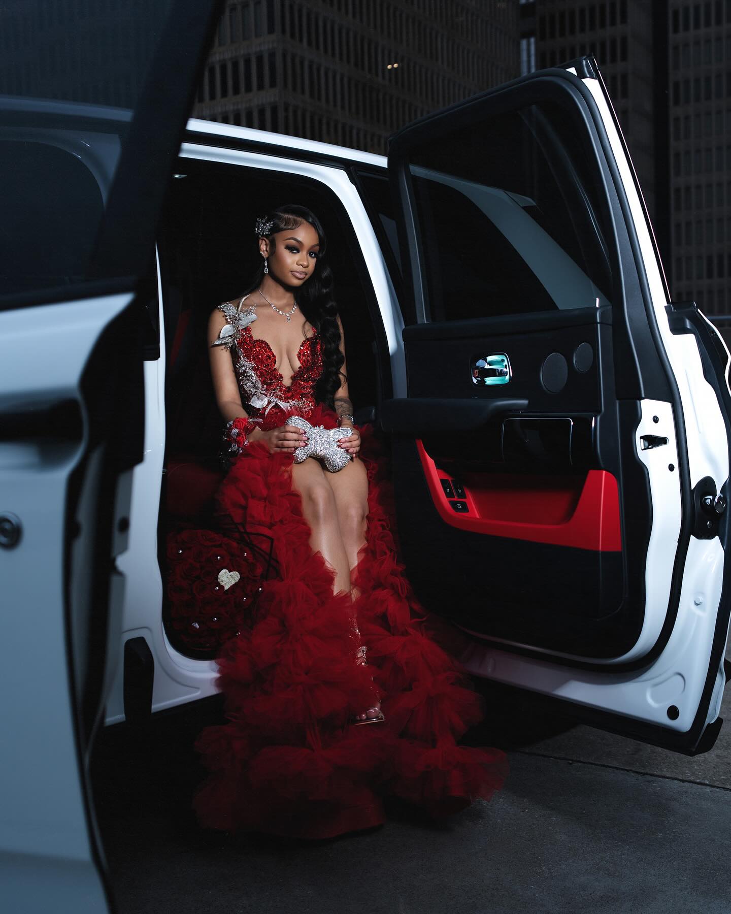 Scarlet Empress Red Sequin Gown – 3D Silver Lace & Tiered Ruffle Train