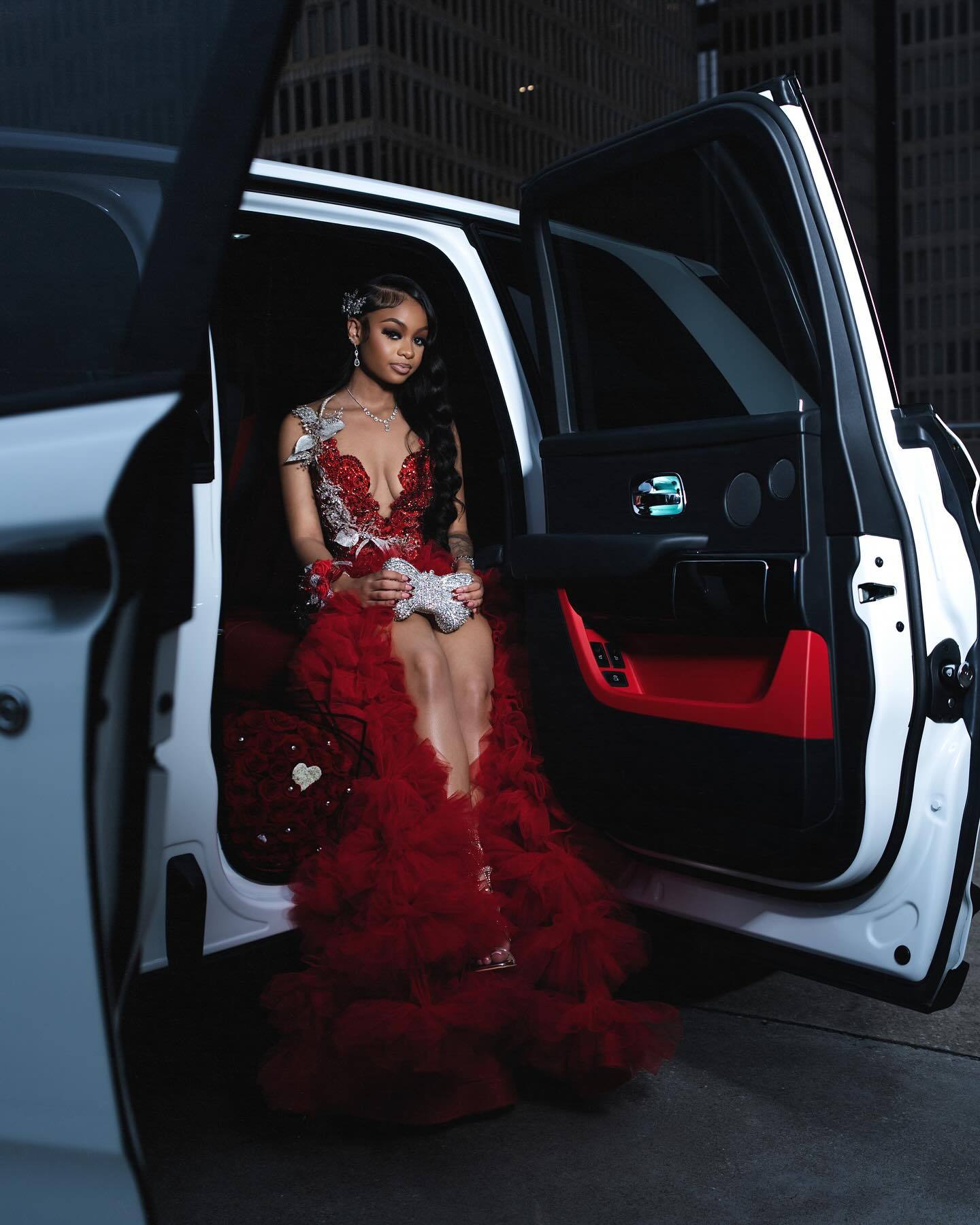 Scarlet Empress Red Sequin Gown – 3D Silver Lace & Tiered Ruffle Train