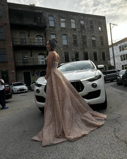 Rose Gold Waves - Beaded Long Sleeve Prom Dress with High Slit