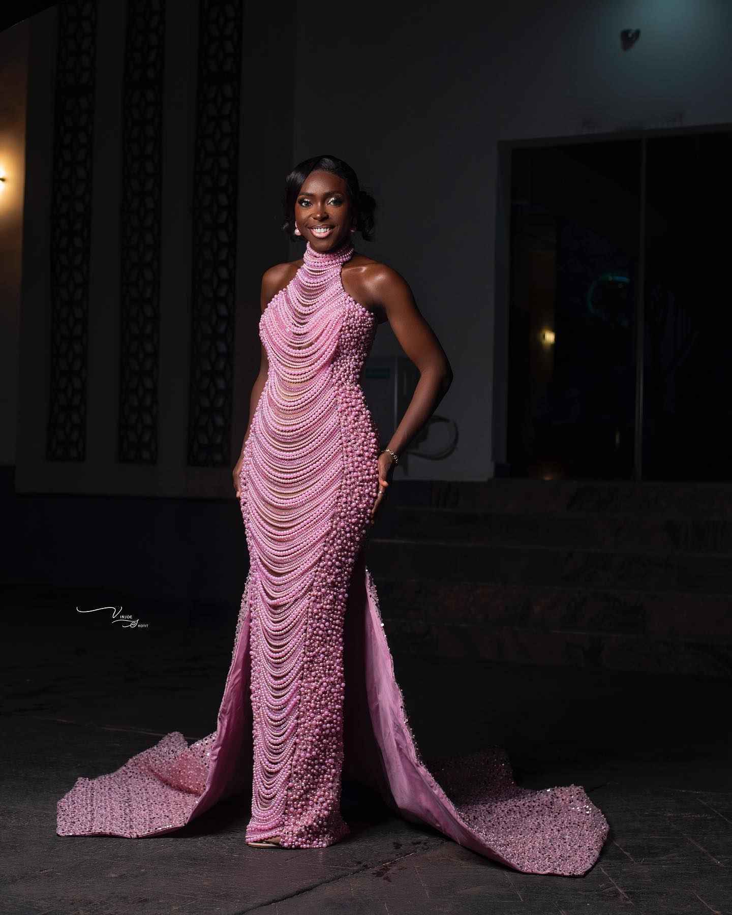 The Pink Pearl - 2026 Pearl Beaded Mermaid Gown: High Halter Neckline with Cascading Pearl Fringe Draping & Asymmetric Beadwork