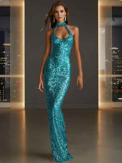 Glamorous Gold Sequin Halter Neck Mermaid Long Prom Dress