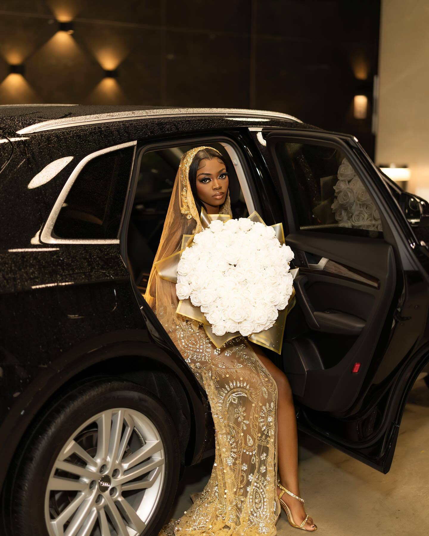 Luxury Champagne Gold Hooded Prom Dress – 3D Floral Appliqué Mermaid Gown with Cathedral Veil & High Slit | 2026 Couture Gala Collection