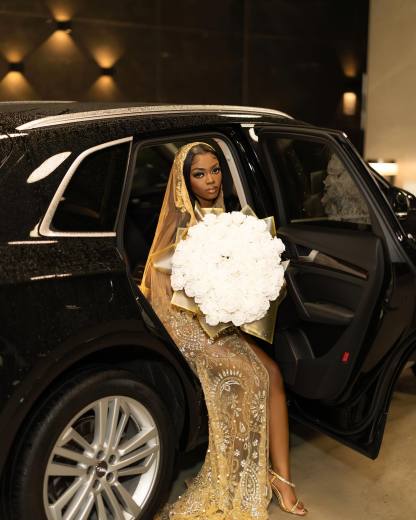 Luxury Champagne Gold Hooded Prom Dress – 3D Floral Appliqué Mermaid Gown with Cathedral Veil & High Slit | 2026 Couture Gala Collection