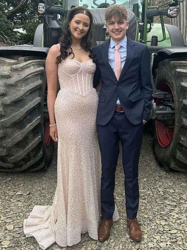 Light Blue Mermaid Spaghetti Straps Long Prom Dress with Beading - BMBRIDAL