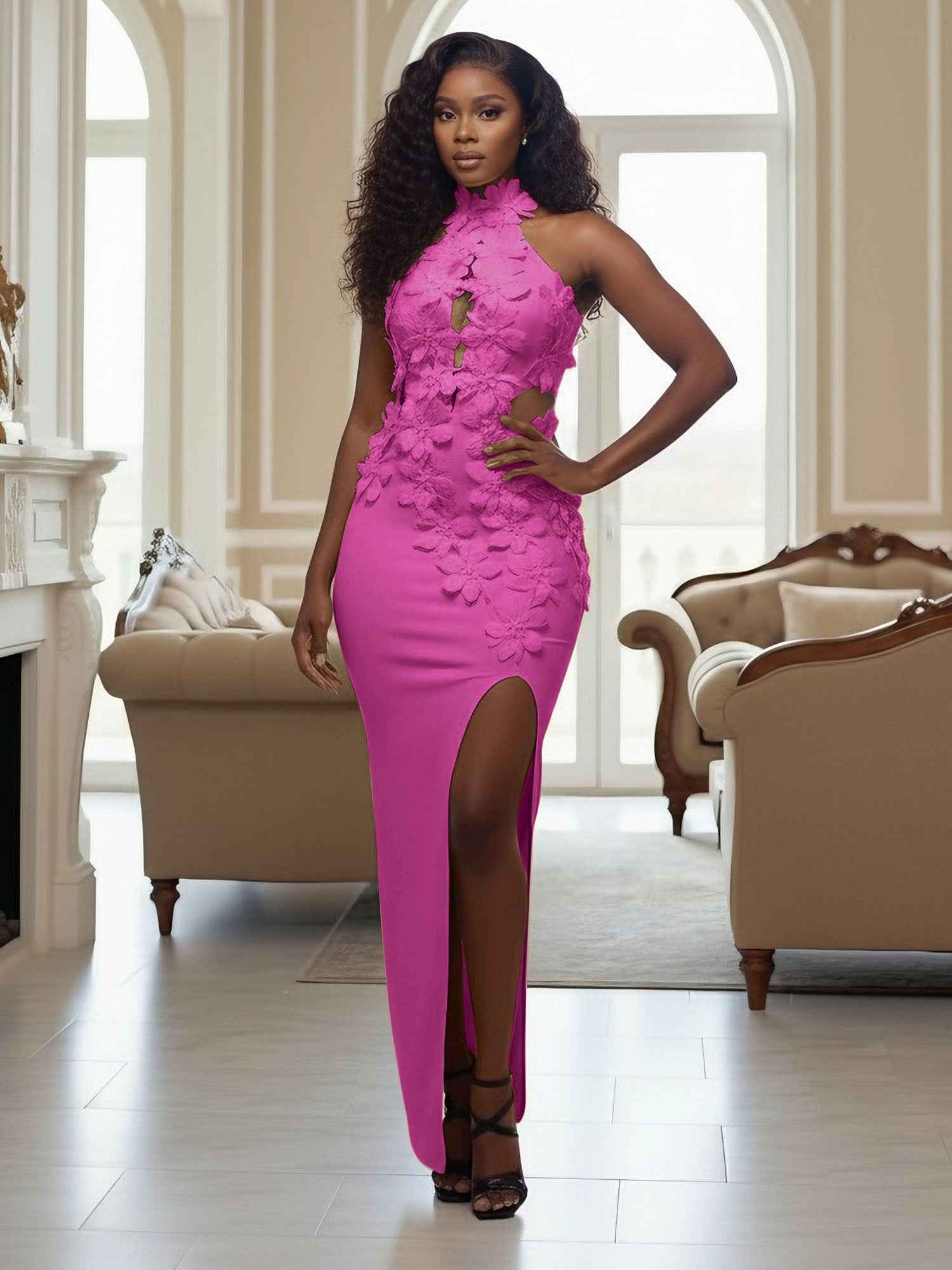 Yellow Halter Neck 3D Flower Mermaid Long Prom Dress with Slit