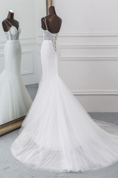 BMbridal Sexy Tulle Spaghetti Straps Mermaid White Wedding Dresses with Rhinestones Online