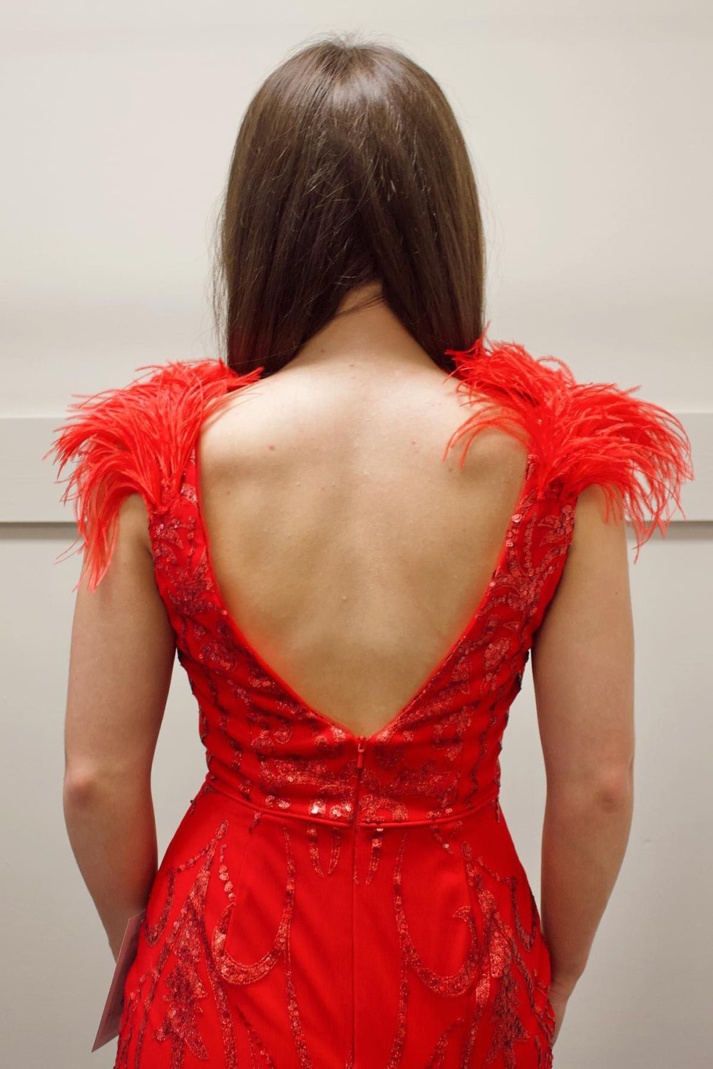 Sparkly Red Sequined Backless Tight Short Homecoming Dress with Feathers-BMbridal