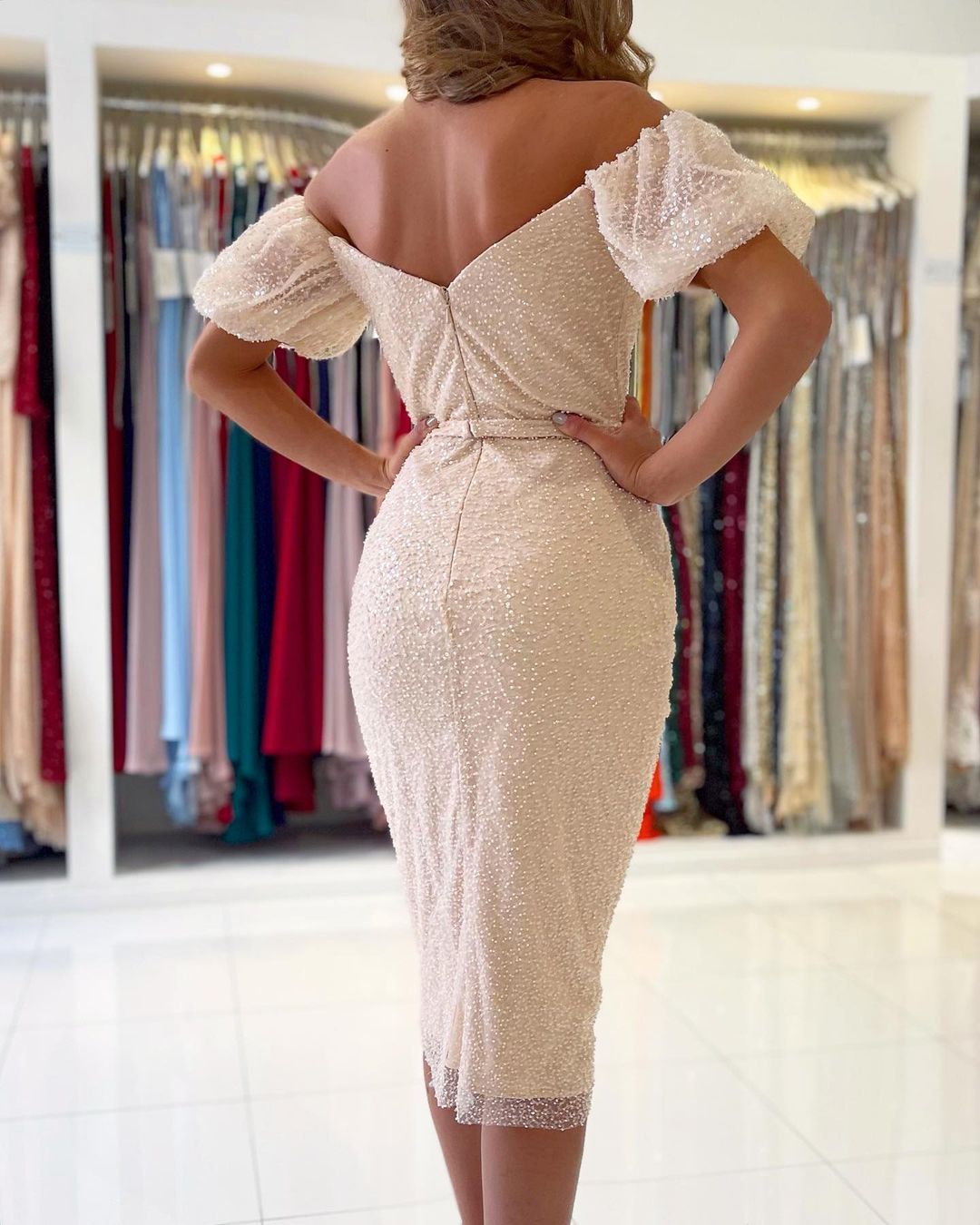 Bmbridal Off-the-Shoulder Sequins Prom Dress Short Sleeves Knee-Length