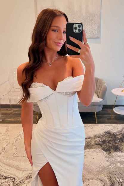 White Off The Shoulder Mermaid Satin Long Corset Prom Dress with Beading
