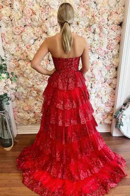 Sparkly Red Sequin Strapless Princess Tulle Tiered Long Corset Prom Dress with Slit