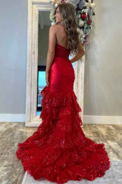 Red Sweetheart Mermaid Tulle Ruffled Long Corset Prom Dress with Sequin Appliques