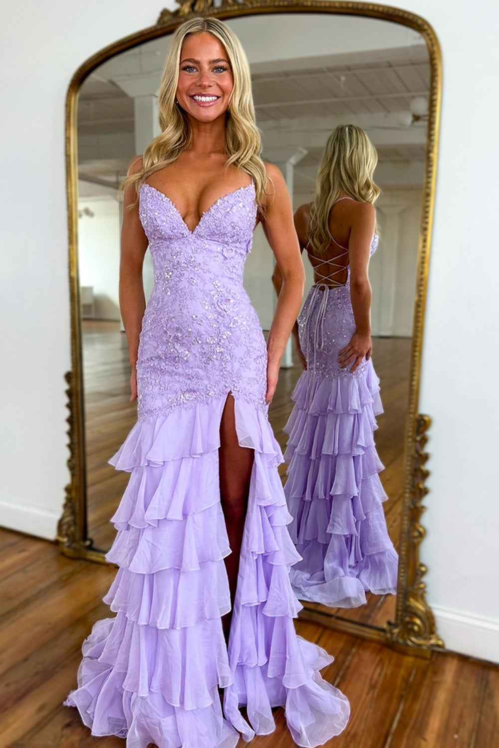 Sparkly Lilac Lace Appliques Sheath Tiered Long Chiffon Prom Dress with Slit