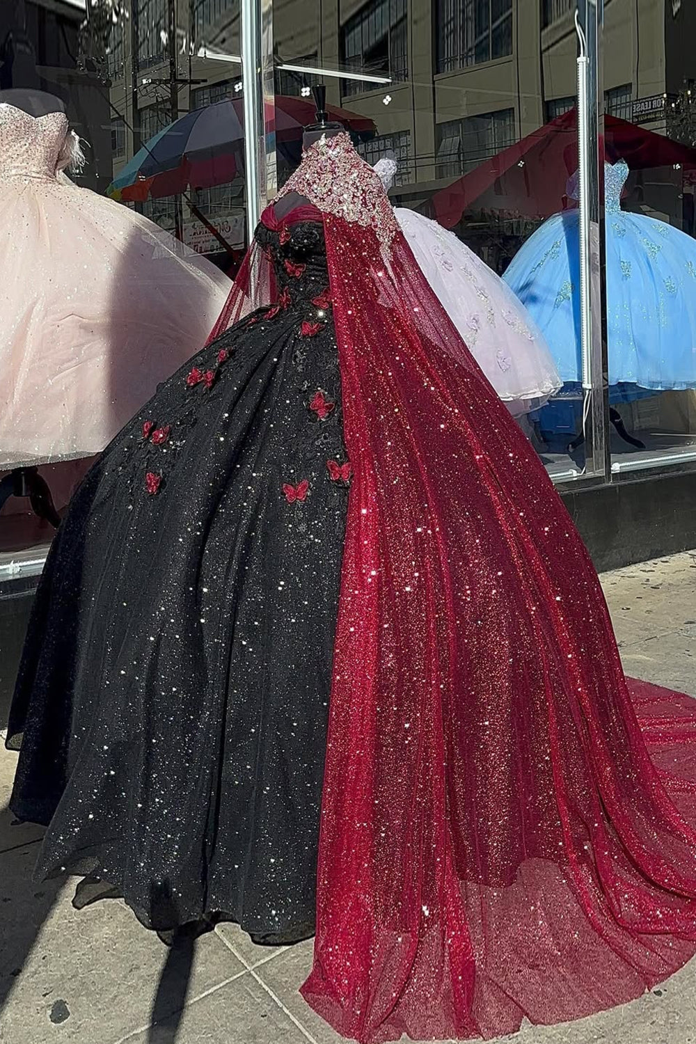 Off-the-Shoulder Black Red Sparkly Tulle Quinceanera Ball Gown with Butterfly
