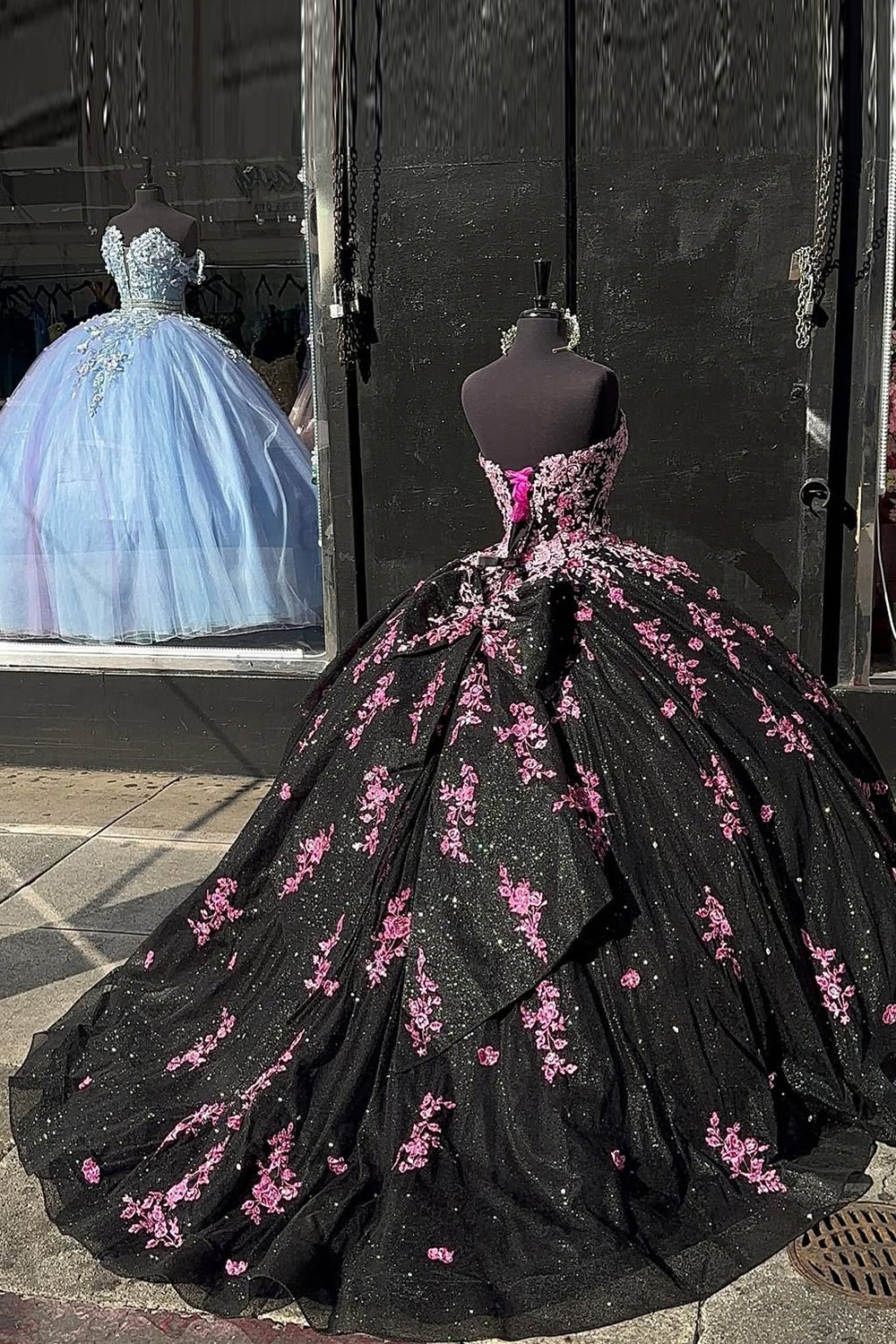 Strapless Black Pink Sparkly Quinceanera Ball Gown with Tulle Appliques and Bow
