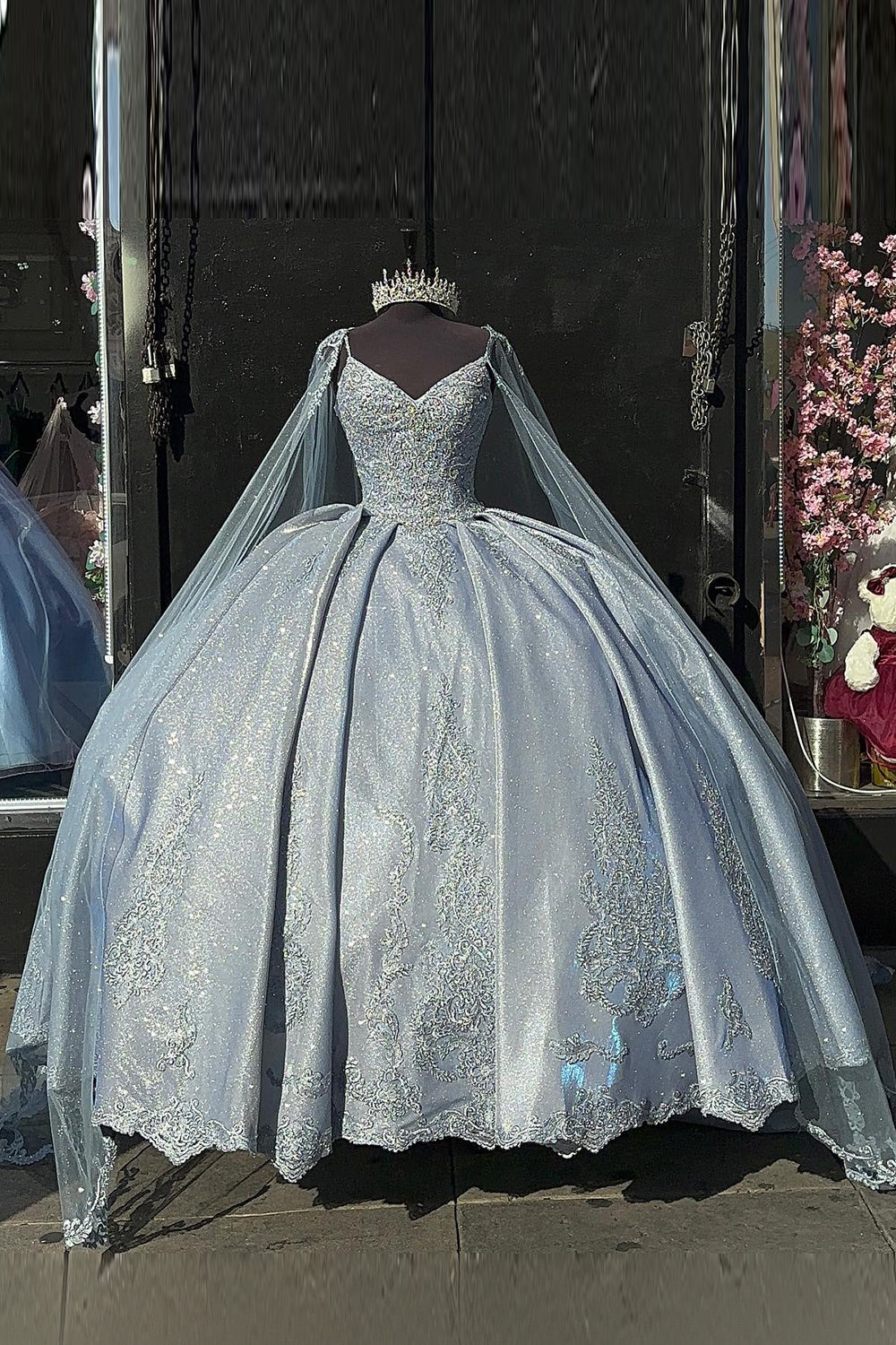 Silver Princess Ball Gown with Spaghetti Straps and Cape Appliques for Quinceanera