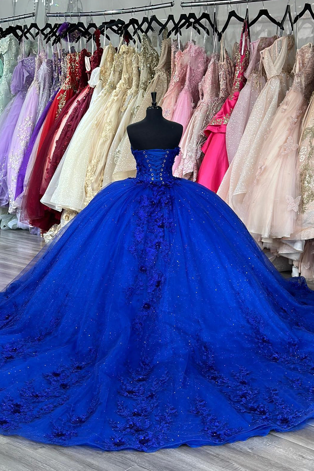 Royal Blue Sparkly Strapless Quinceanera Dress with Beaded Tulle and Princess Appliques