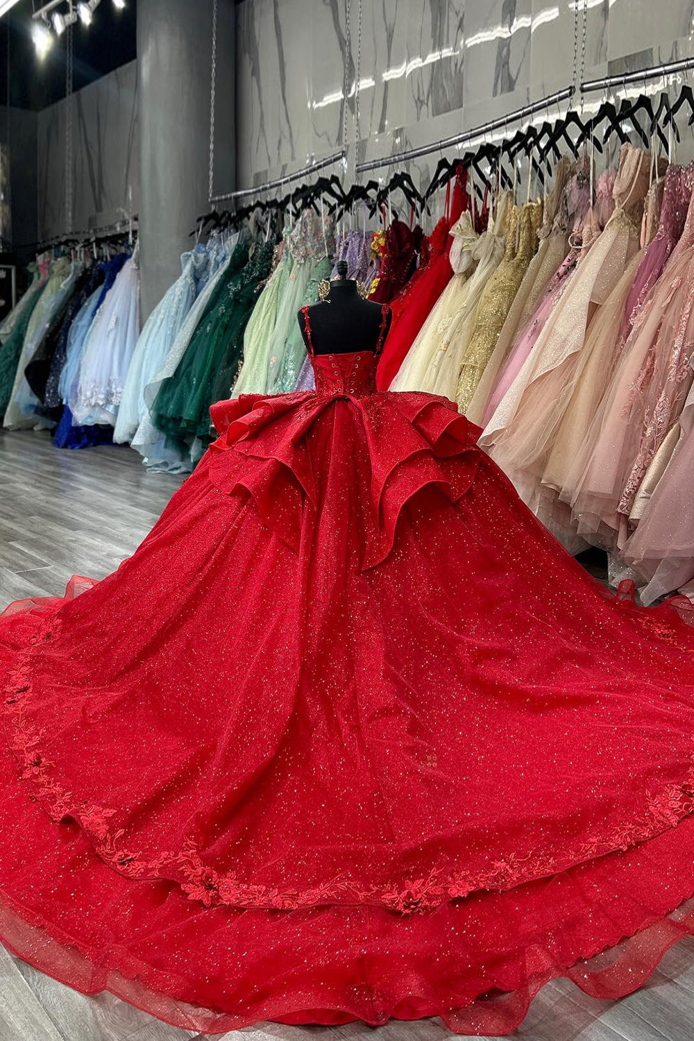 Beaded Red Ball Gown with Sparkly Ruffles and Spaghetti Straps for Quinceanera