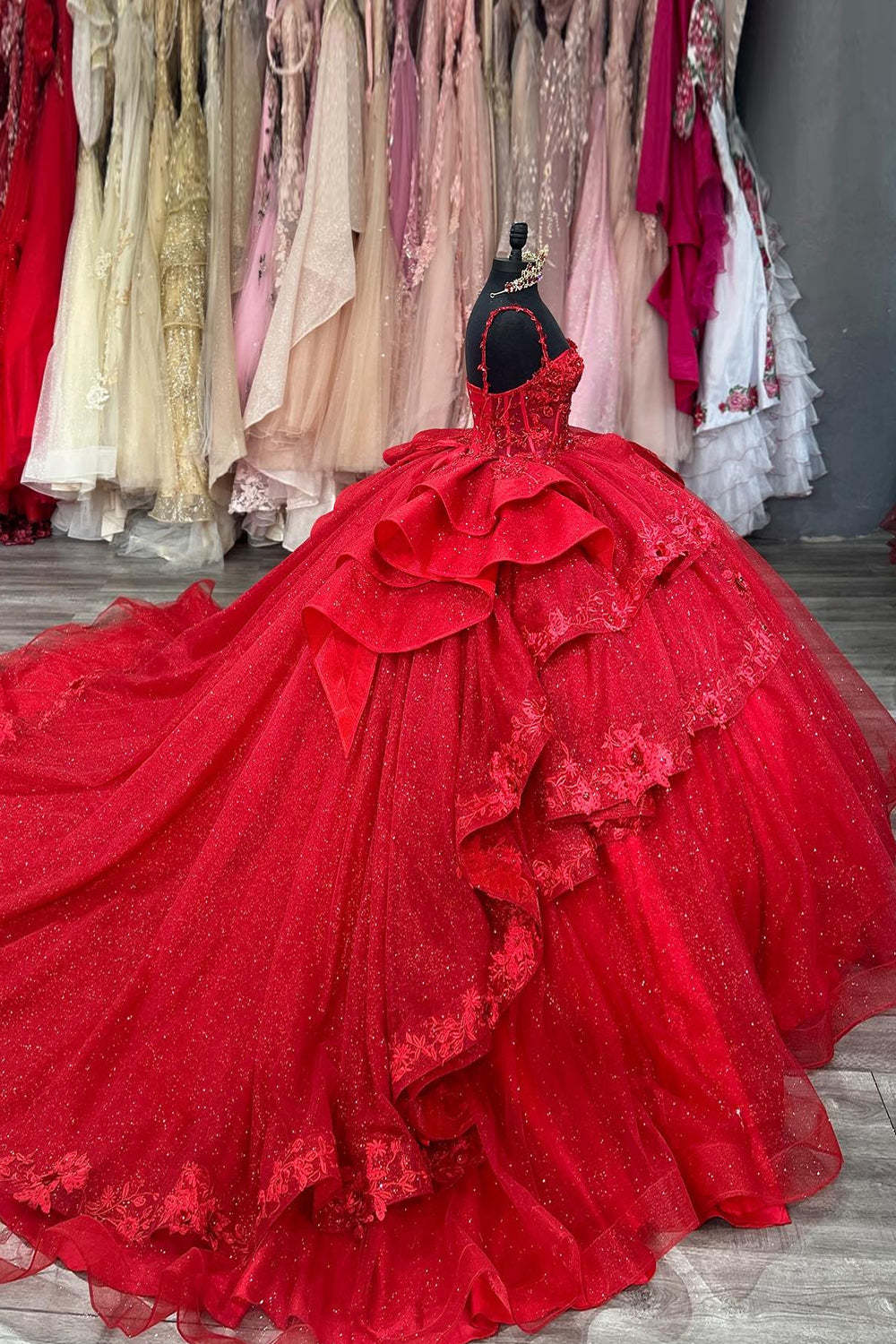 Beaded Red Ball Gown with Sparkly Ruffles and Spaghetti Straps for Quinceanera
