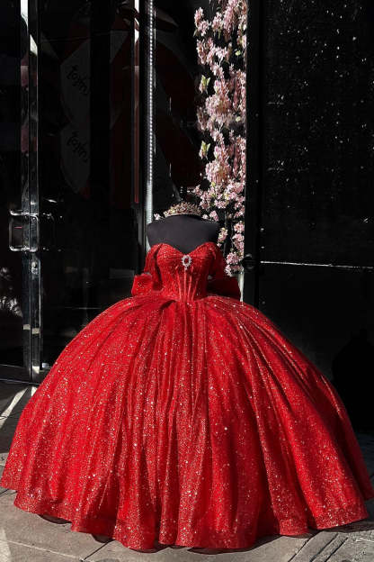 Sequined Off-the-Shoulder Red Ball Gown with Sparkly Tulle and Bow for Quinceanera