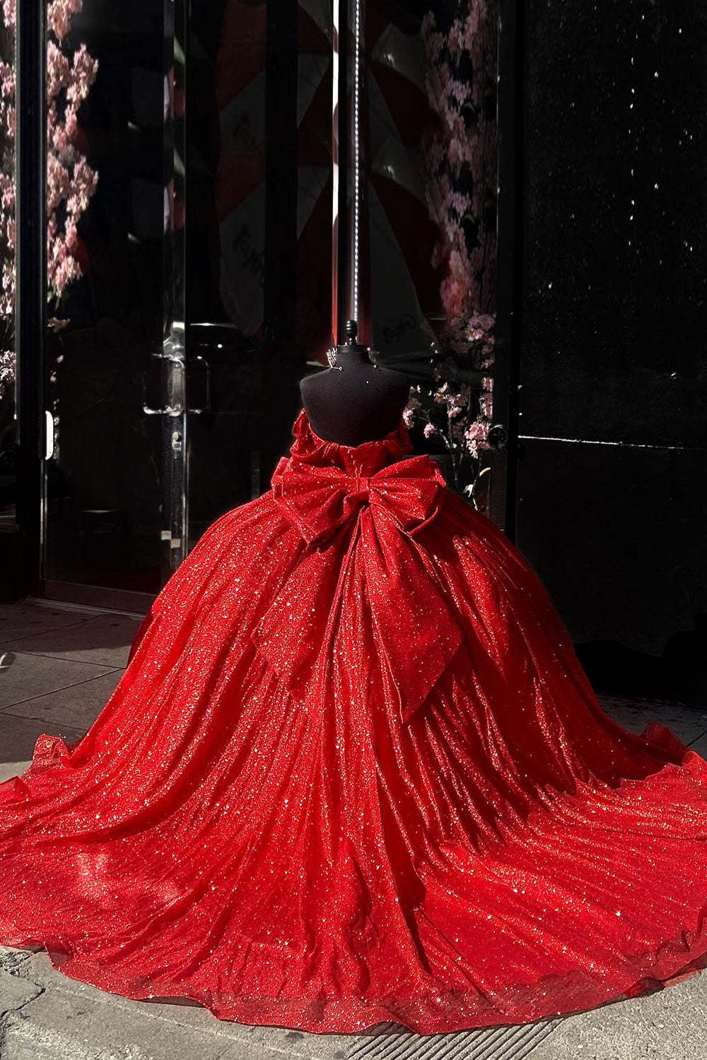 Sequined Off-the-Shoulder Red Ball Gown with Sparkly Tulle and Bow for Quinceanera