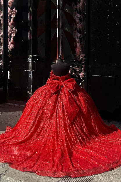 Sequined Off-the-Shoulder Red Ball Gown with Sparkly Tulle and Bow for Quinceanera