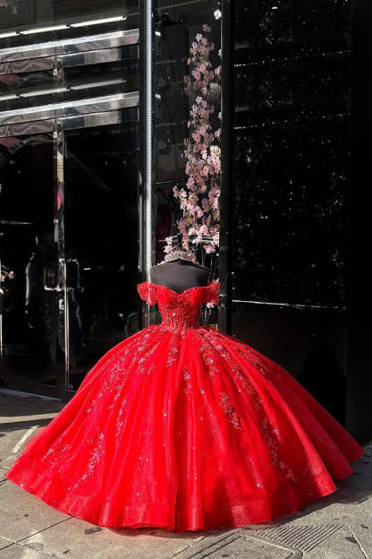 Off the Shoulder Red Glitter Ball Gown with Sequined Appliques for Quinceanera in Tulle