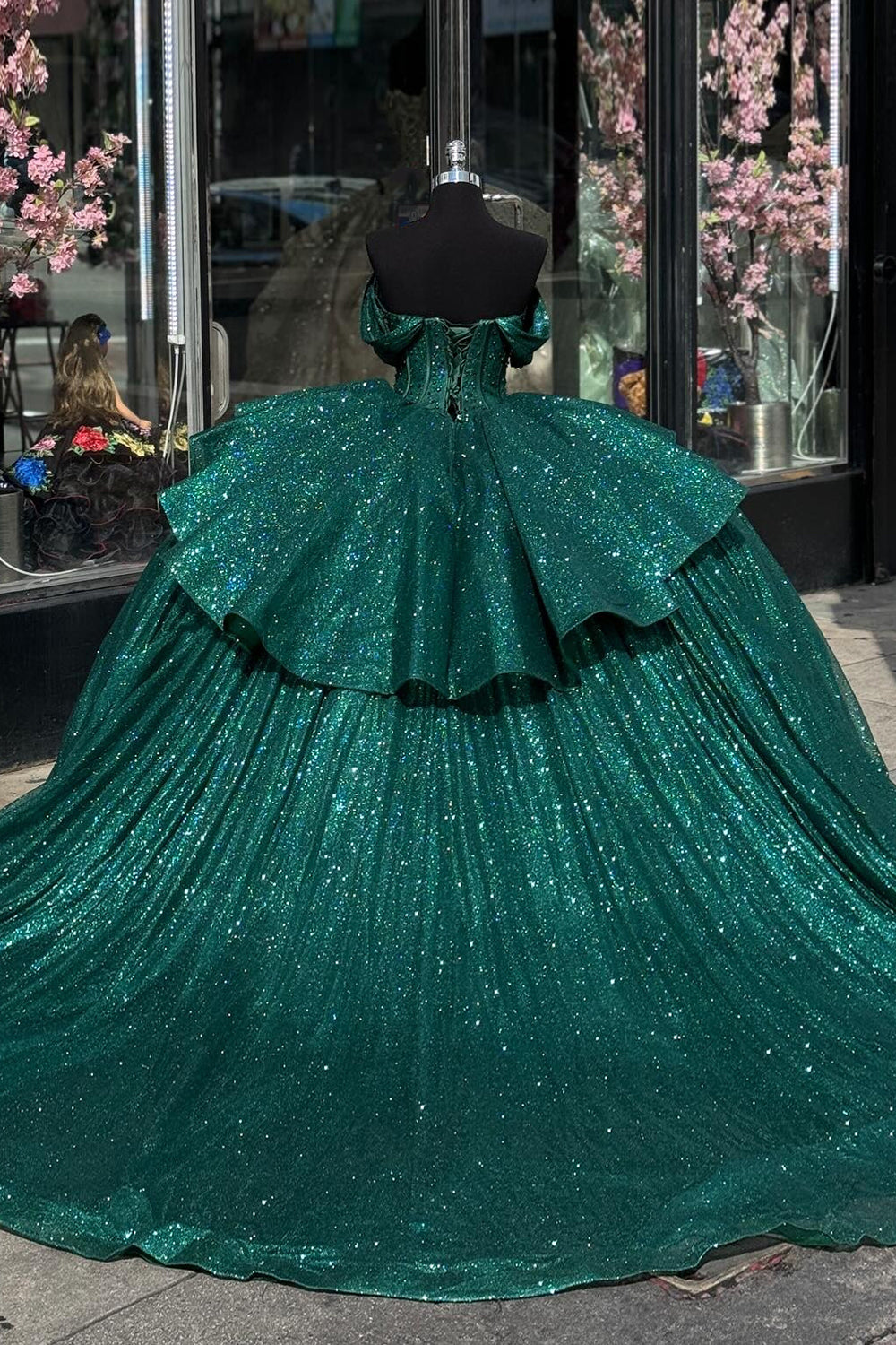 Hot Pink Sparkly Off-Shoulder Beaded Rhinestone Quinceanera Dress with Tulle Ruffle