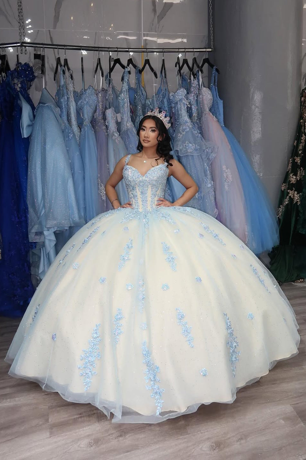 White and Blue Quinceanera Ball Gown with Spaghetti Straps and Tulle Appliques