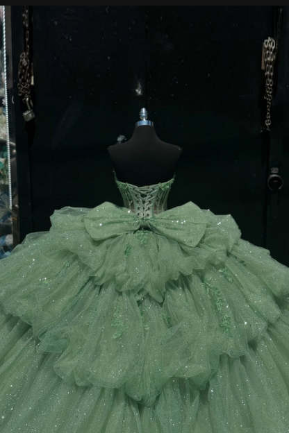 Strapless Green Princess Ball Gown with Ruffles and Tulle Appliques for Quinceanera