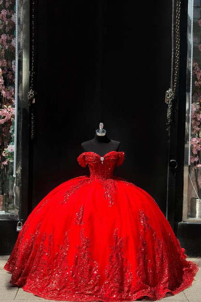 Red Sparkle Applique Off-Shoulder Tulle Quinceanera Ball Gown