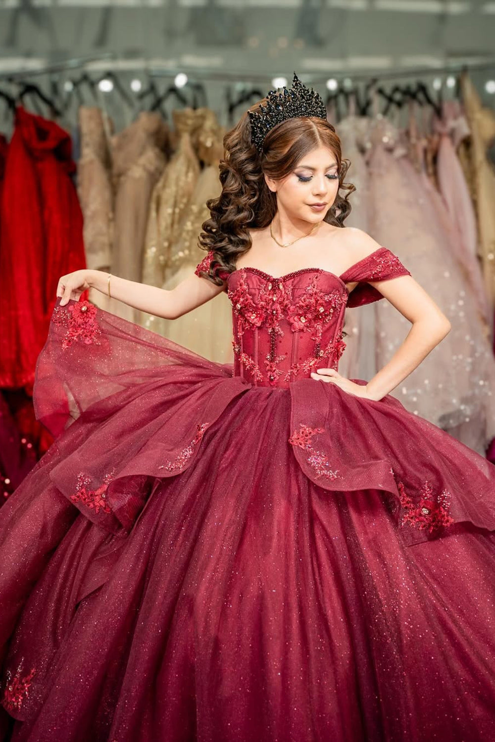 Off the Shoulder Burgundy Ball Gown with Tulle Ruffles and Applique for Quinceanera