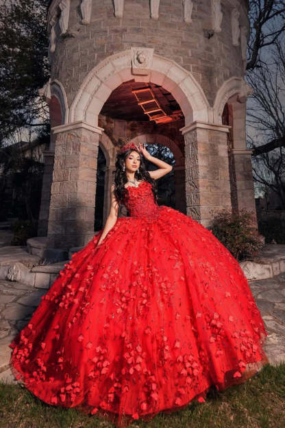 Strapless Red Ball Gown with Sparkly Beaded Flowers and Tulle for Quinceanera