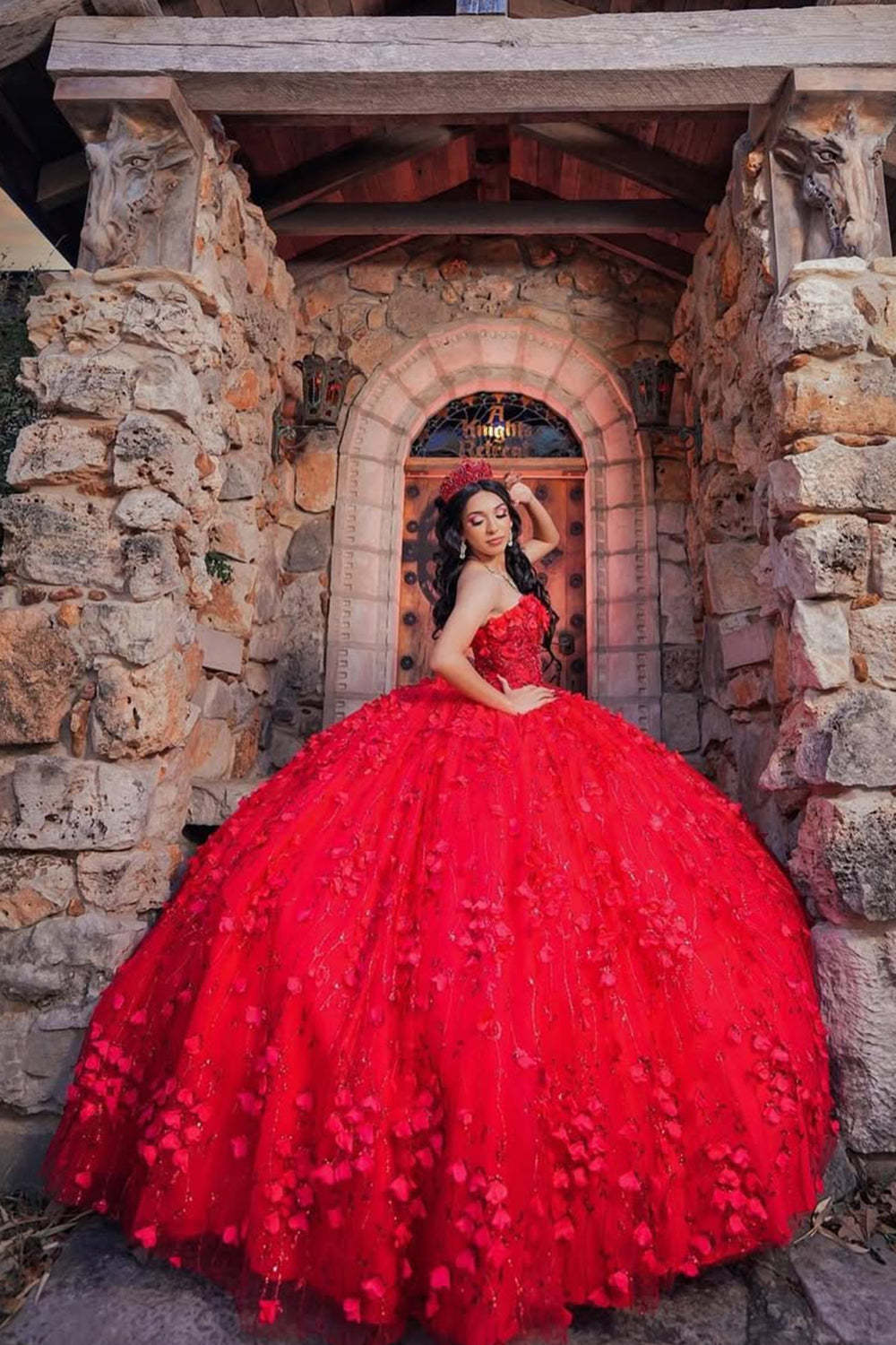 Strapless Red Ball Gown with Sparkly Beaded Flowers and Tulle for Quinceanera
