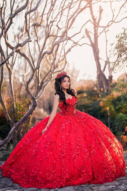 Strapless Red Ball Gown with Sparkly Beaded Flowers and Tulle for Quinceanera