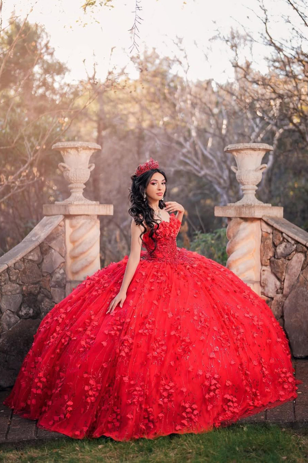 Strapless Red Ball Gown with Sparkly Beaded Flowers and Tulle for Quinceanera