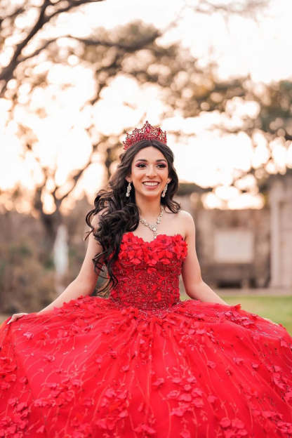 Strapless Red Ball Gown with Sparkly Beaded Flowers and Tulle for Quinceanera