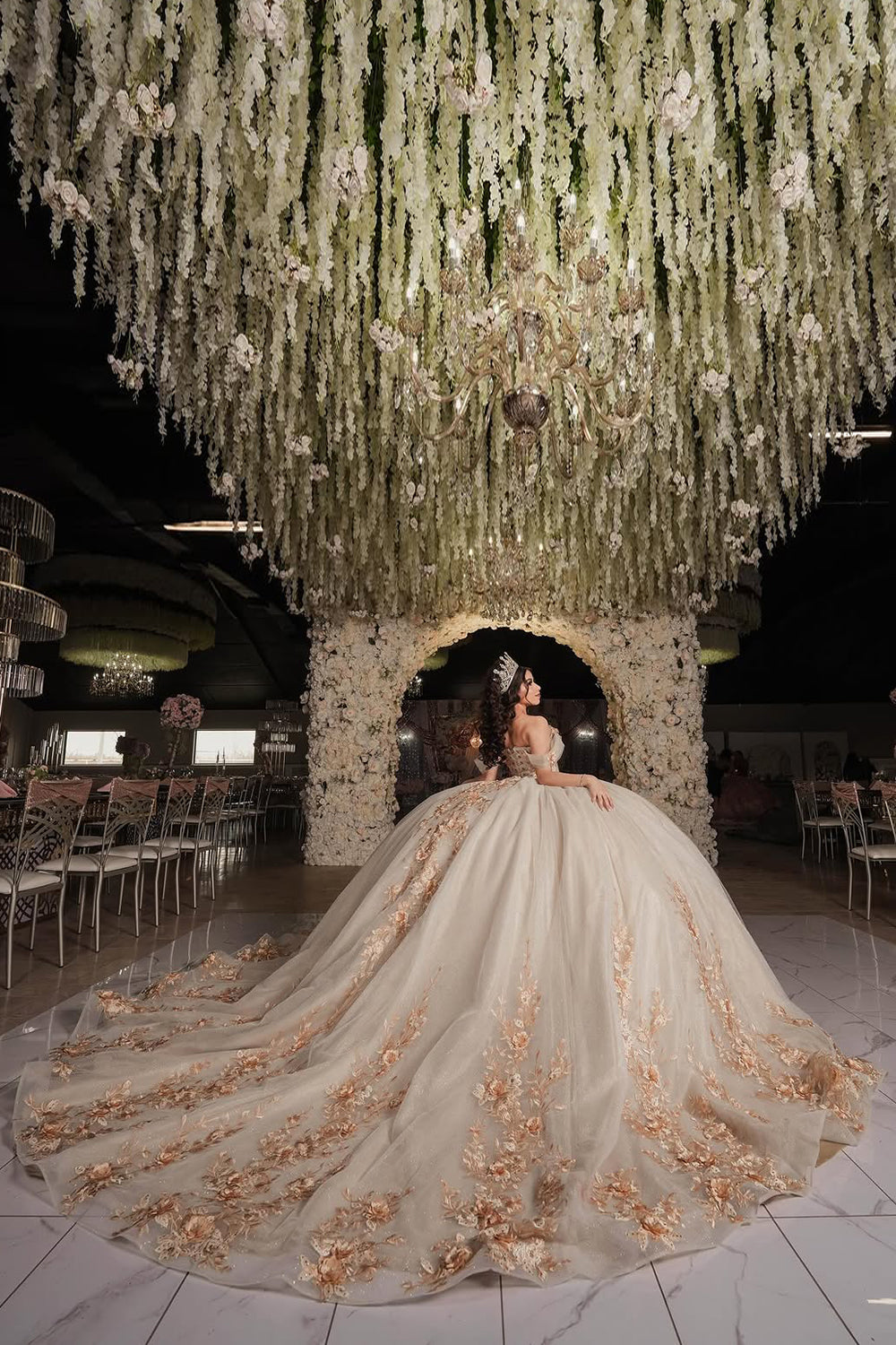 Champagne Princess Ball Gown with 3D Flowers and Beaded Off-Shoulder Design for Quinceanera