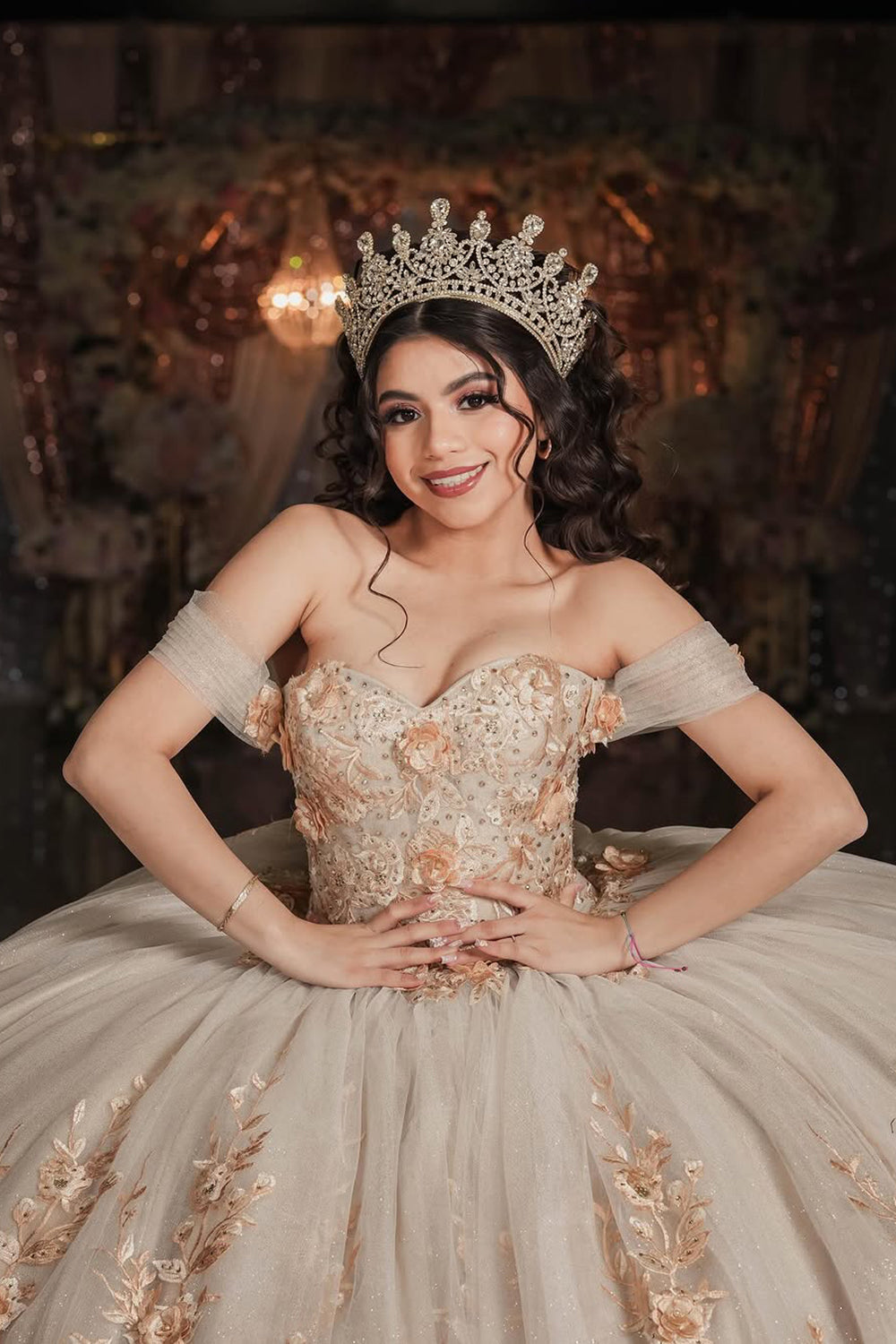Champagne Princess Ball Gown with 3D Flowers and Beaded Off-Shoulder Design for Quinceanera