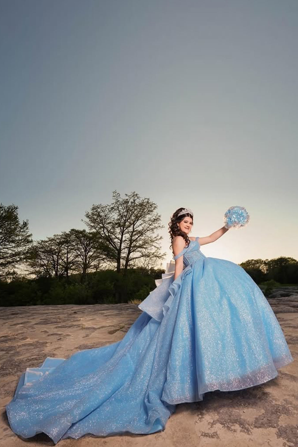 Off the Shoulder Sky Blue Sparkly Tulle Quinceanera Ball Gown with Train