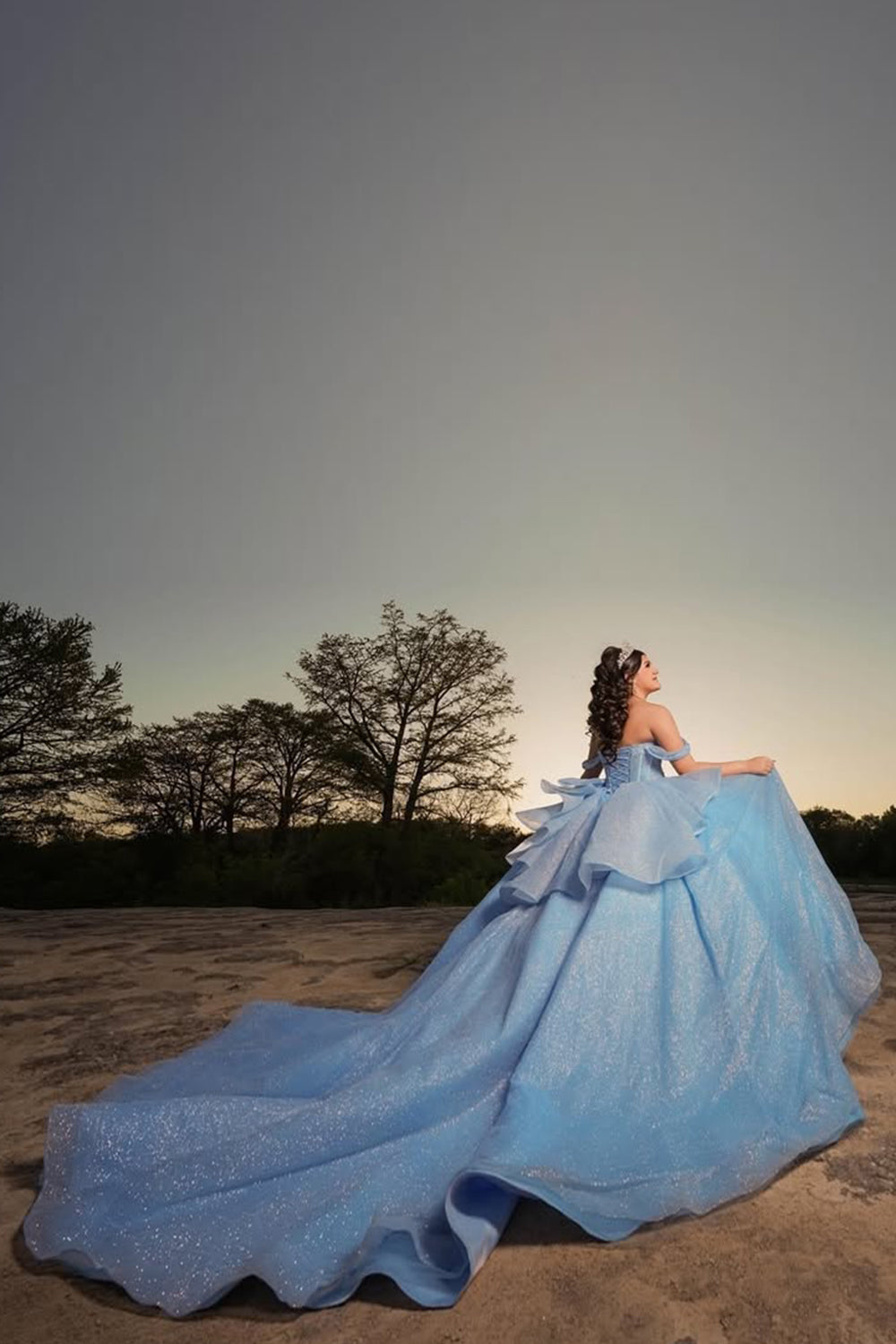 Off the Shoulder Sky Blue Sparkly Tulle Quinceanera Ball Gown with Train