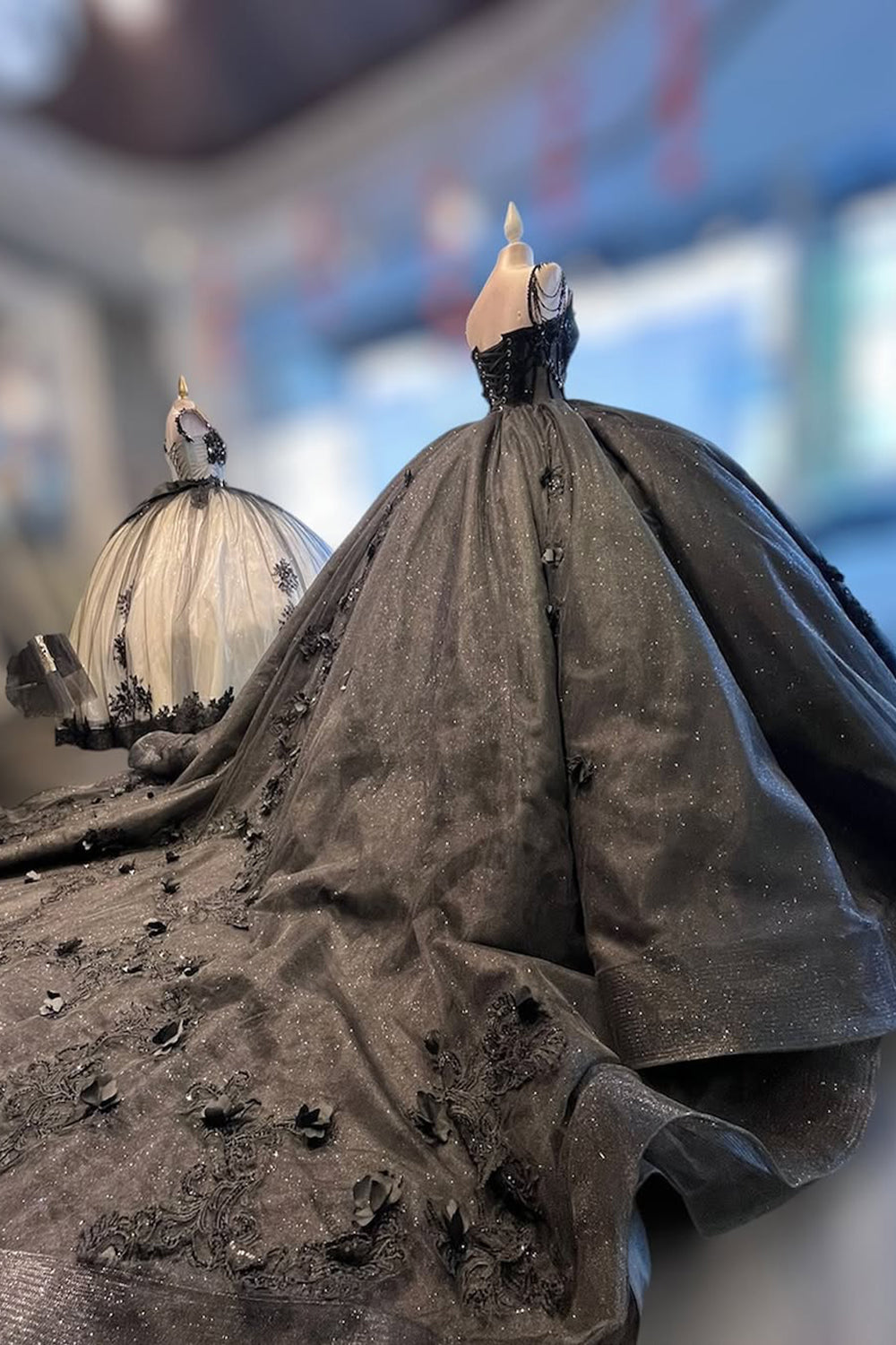 Princess Quinceanera Dress with Sparkly Black Spaghetti Straps and Sequin Applique