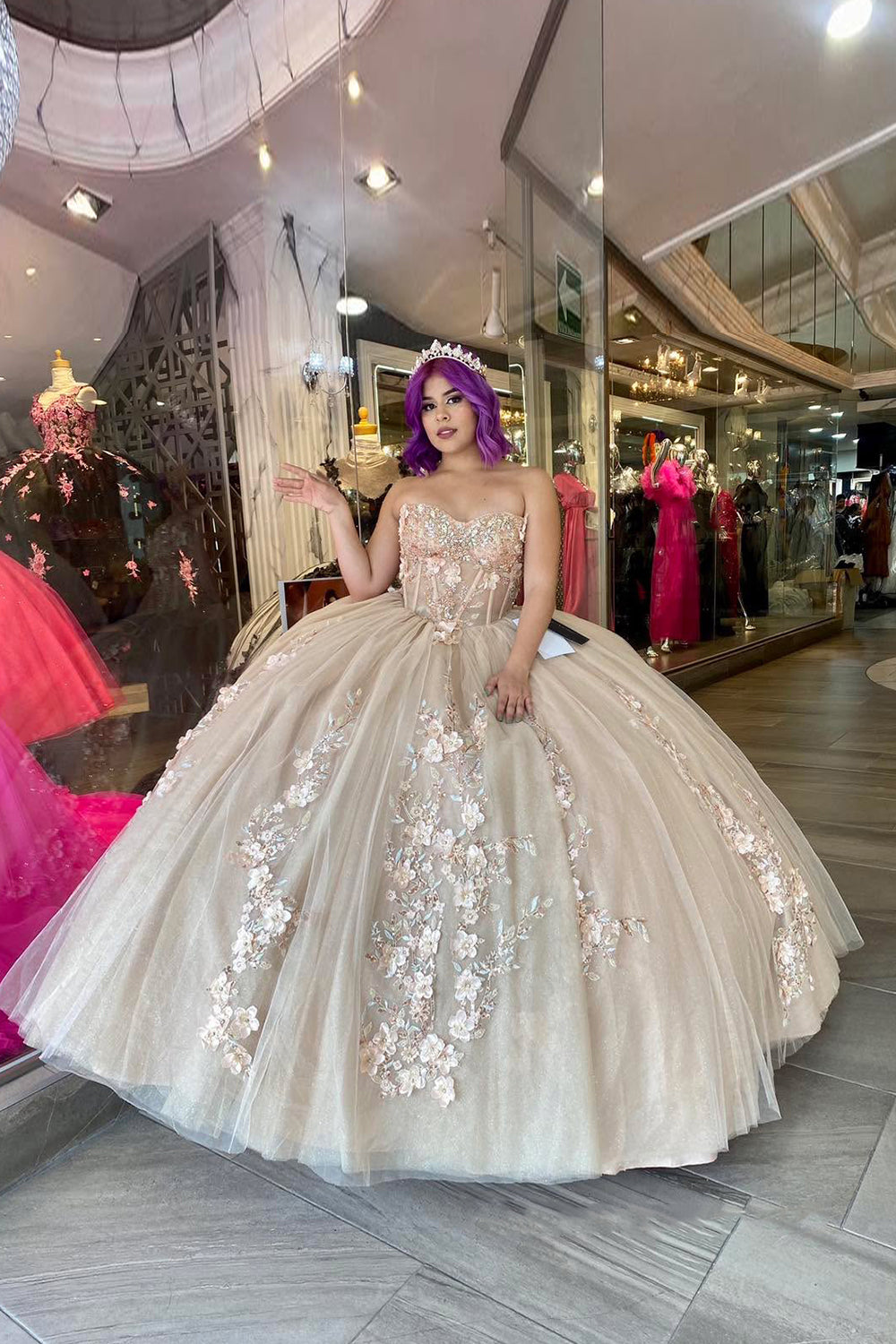 Beaded Quinceanera Dress with Train in Golden Sweetheart Princess Style