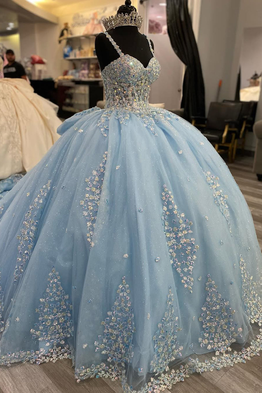 Princess Quinceanera Dress in Sparkly Sky Blue with Sequin Applique, Spaghetti Straps, and Tulle Bow