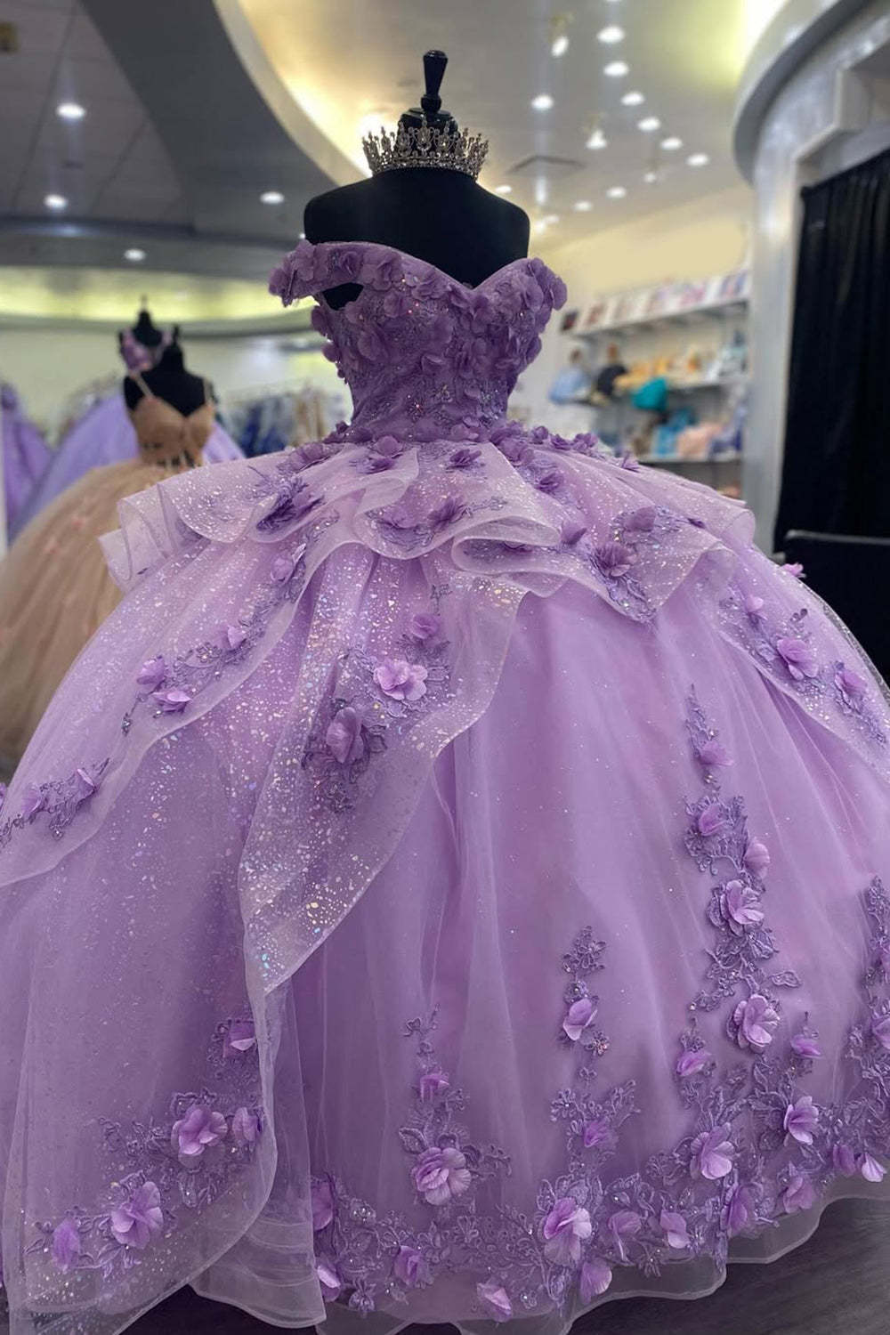 Off the Shoulder Lilac Ball Gown with Glitter Tulle Applique for Quinceanera