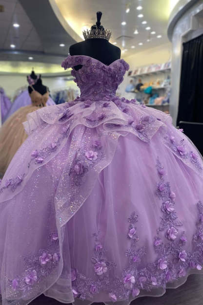Off the Shoulder Lilac Ball Gown with Glitter Tulle Applique for Quinceanera