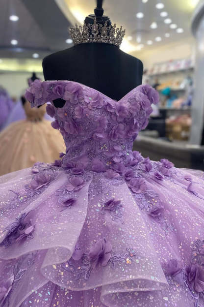 Off the Shoulder Lilac Ball Gown with Glitter Tulle Applique for Quinceanera