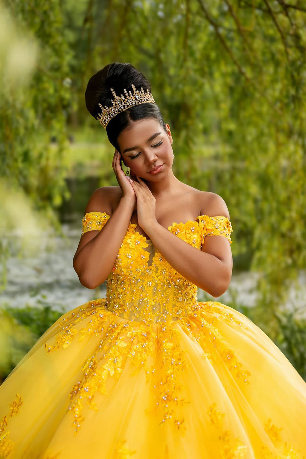 Quinceanera Ball Gown in Yellow with Off-Shoulder Tulle and Appliques