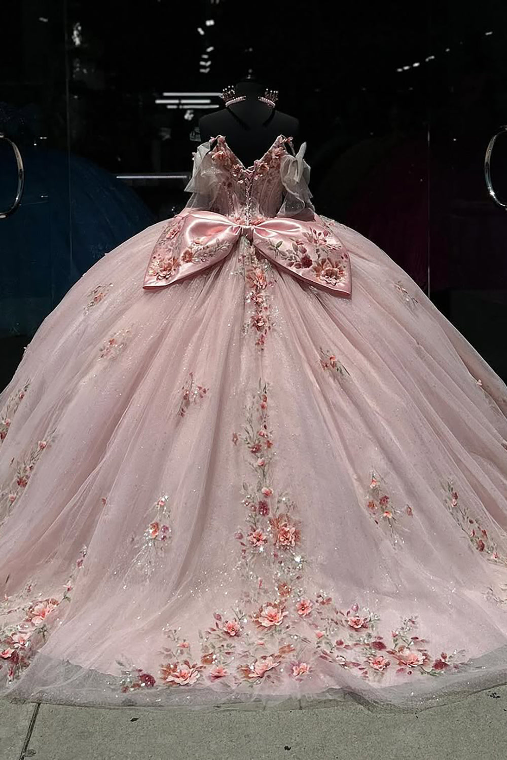 Off-the-Shoulder Blush Pink Quinceanera Ball Gown with Tulle Applique and Bow