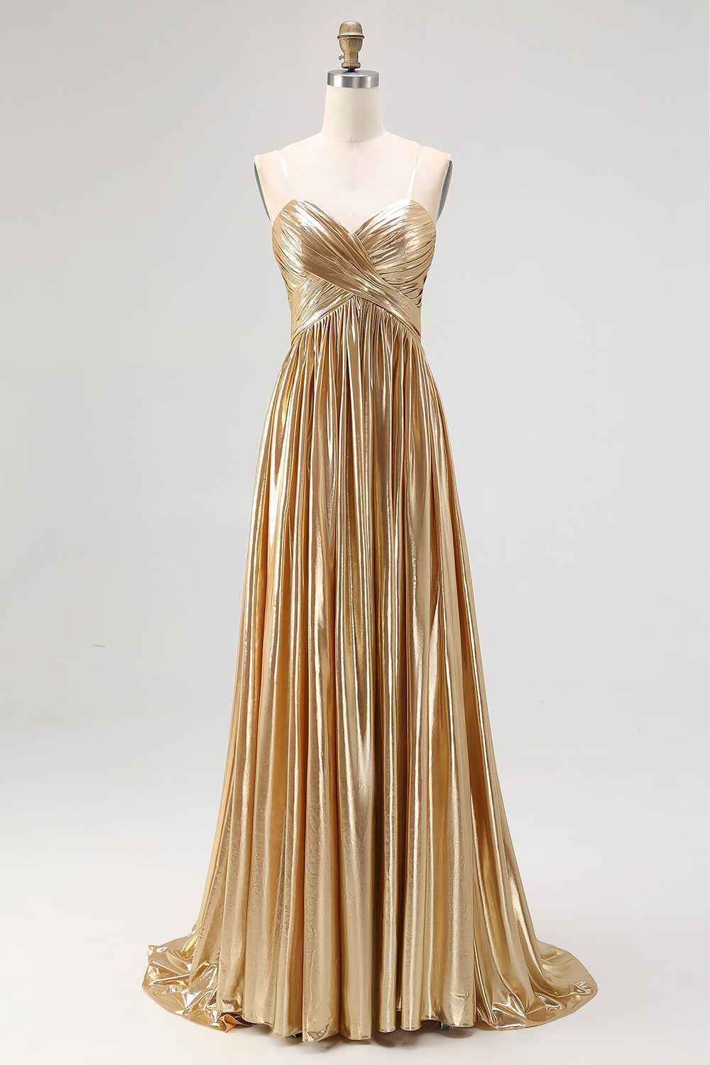 Chic Gold Metallic Satin Deep V Neck Pleated A Line Long Prom Dress